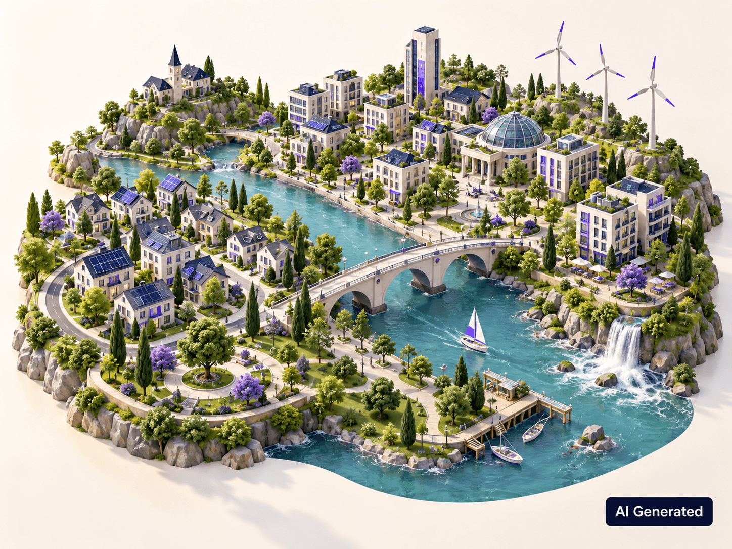 Illustration einer grünen Stadt am Fluss mit Solarenergie und Windrädern
